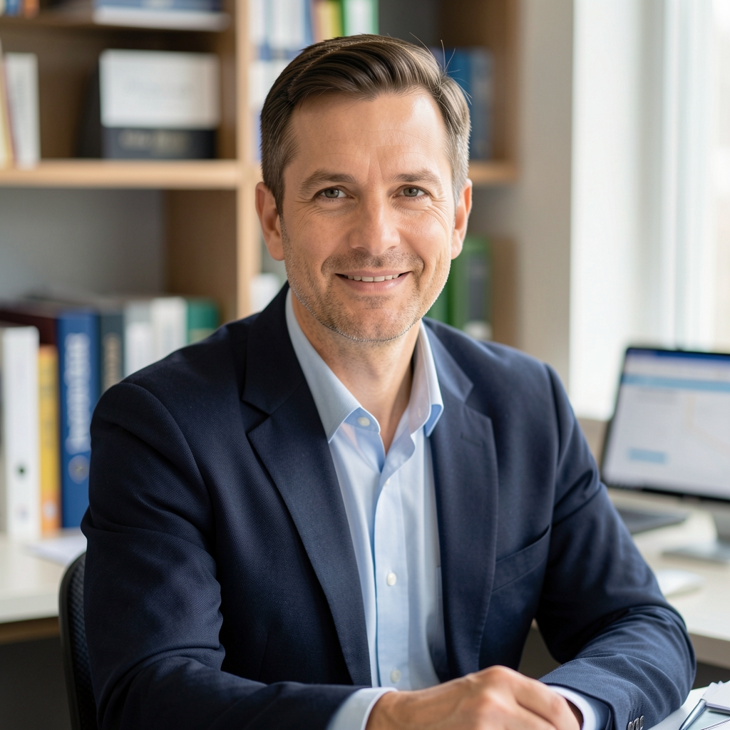 Portrait of a male nutrition researcher in his forties seated at a desk with reference materials visible in the background