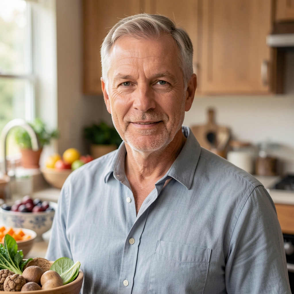 Portrait of a male wellness professional in his fifties standing in a kitchen environment surrounded by whole food ingredients