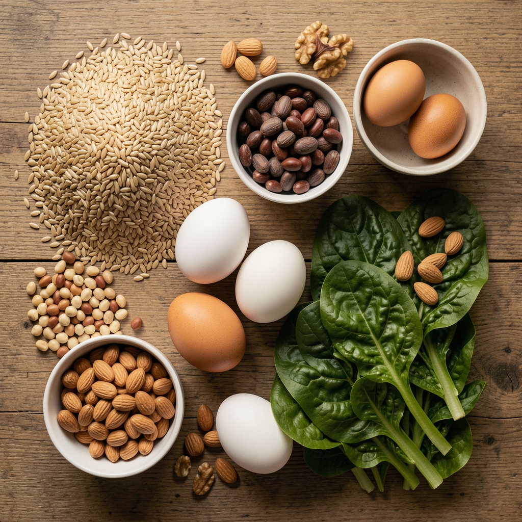 Flat-lay of whole foods on a wooden surface: grains, legumes, leafy greens, eggs, and nuts arranged as a balanced meal composition study