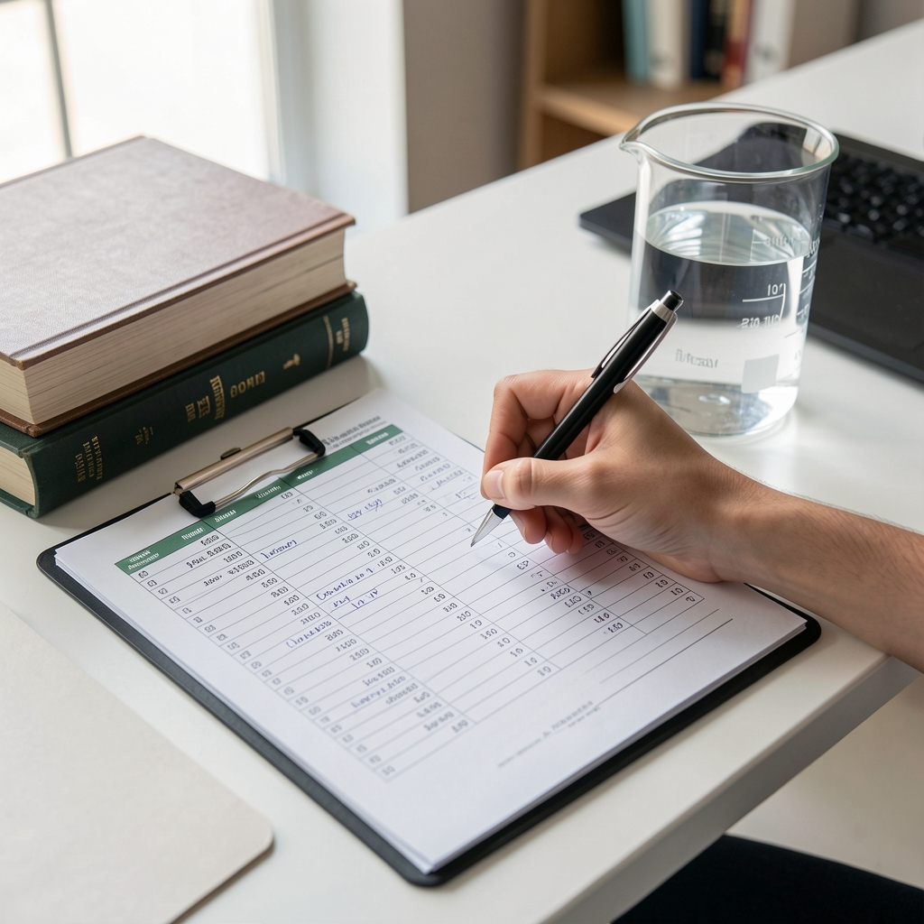 Nutritional data entry being documented on a spreadsheet with physical reference books and a glass beaker on the desk in a clean workspace