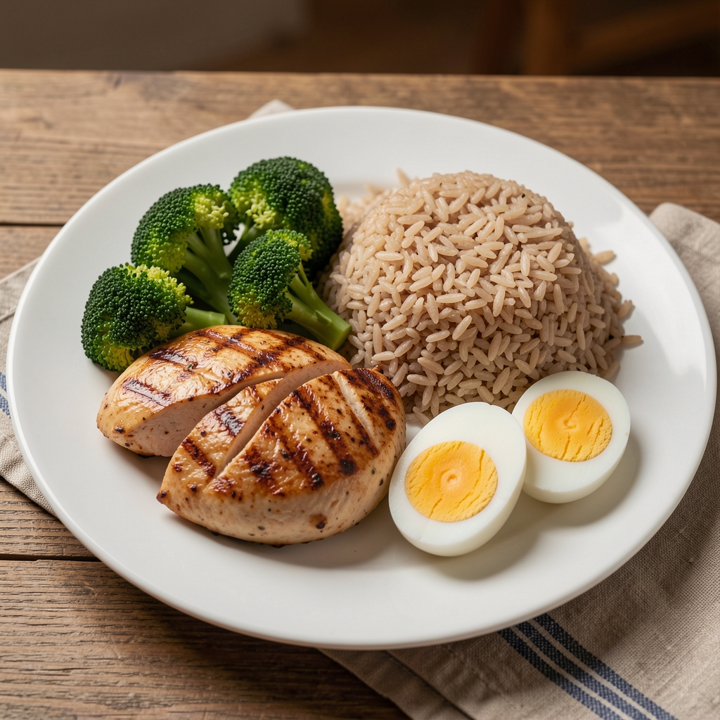 High-protein meal laid out on a plate: grilled chicken breast, brown rice, steamed broccoli, and a boiled egg, portioned for muscle gain