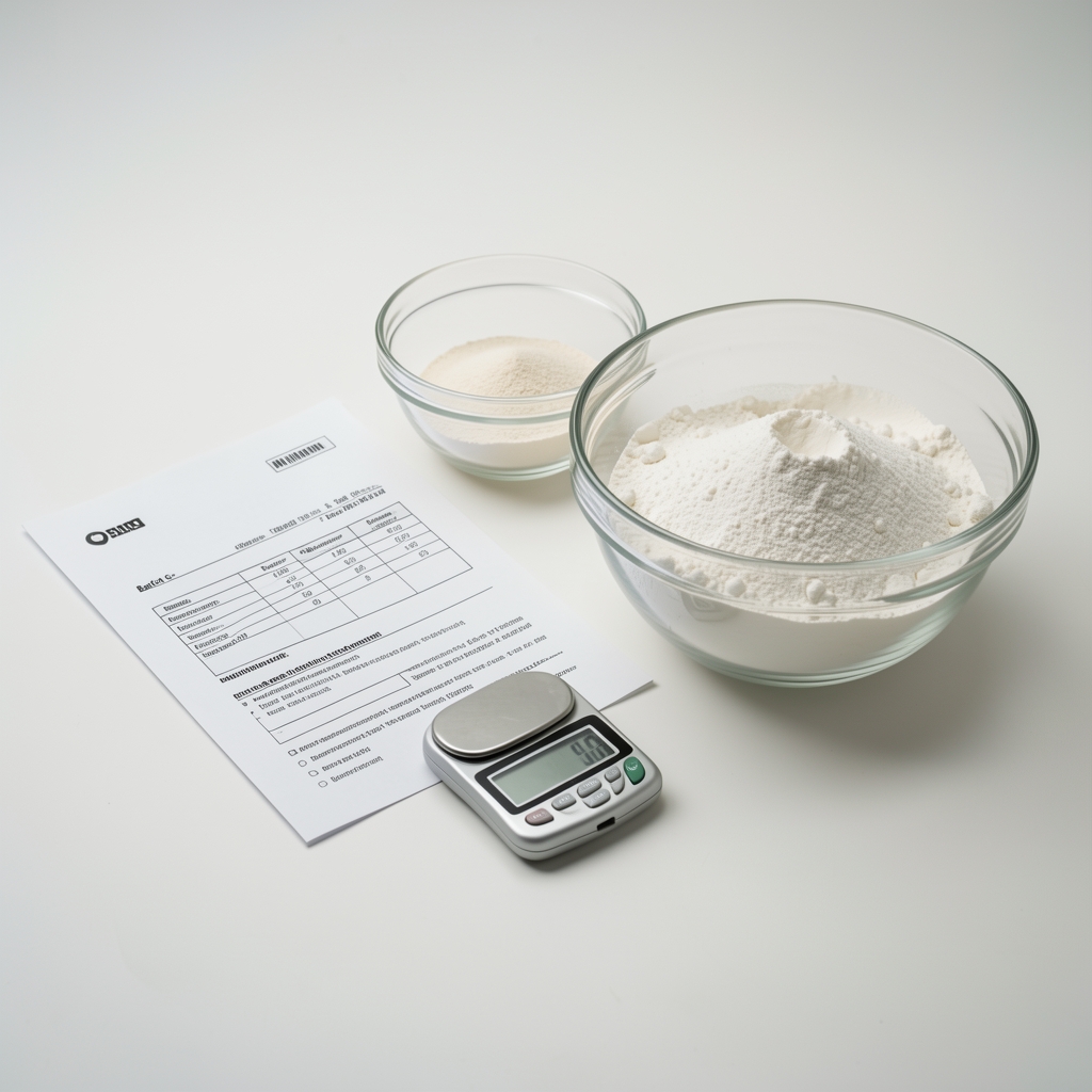 Supplement ingredient measurement tools including a small digital scale, glass bowls with powdered nutrients, and printed batch verification documentation under controlled lighting